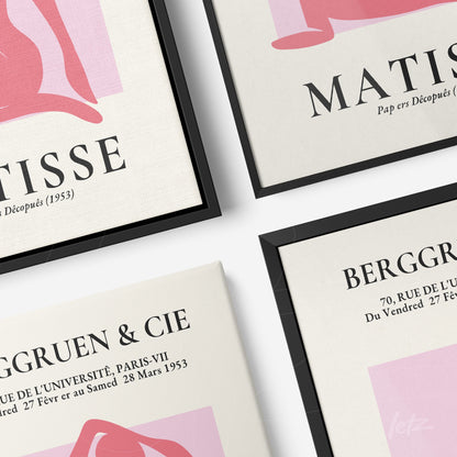 composição com quadros de arte moderna em molduras pretas, com obras de Matisse e Berggruen & Cie, exibindo formas abstratas e cores suaves sobre fundo claro