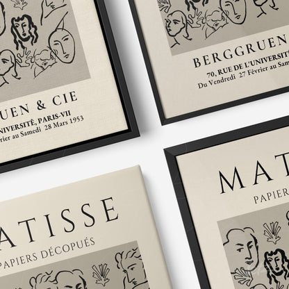 série de quadros com ilustrações minimalistas em molduras pretas, retratando rostos estilizados sobre fundo bege