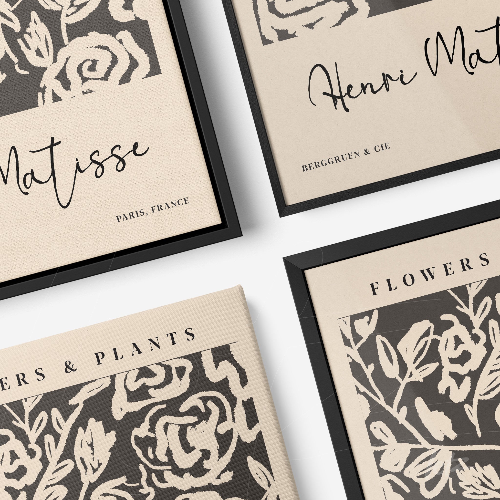 composição de quadros com ilustrações de flores em estilo modernista, molduras pretas e fundo claro com texto elegante
