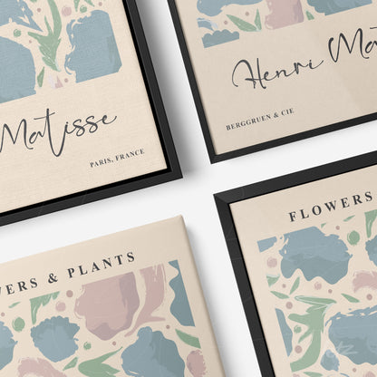 composição de quadros decorativos com arte abstrata em moldura preta, um com o nome 'Henri Matisse' e outros com as inscrições 'Flowers & Plants'