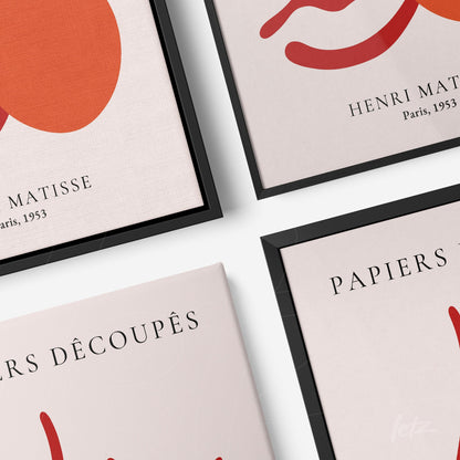 quadro com arte moderna em cores quentes e título 'Henri Matisse, Paris, 1953' exibido em moldura preta