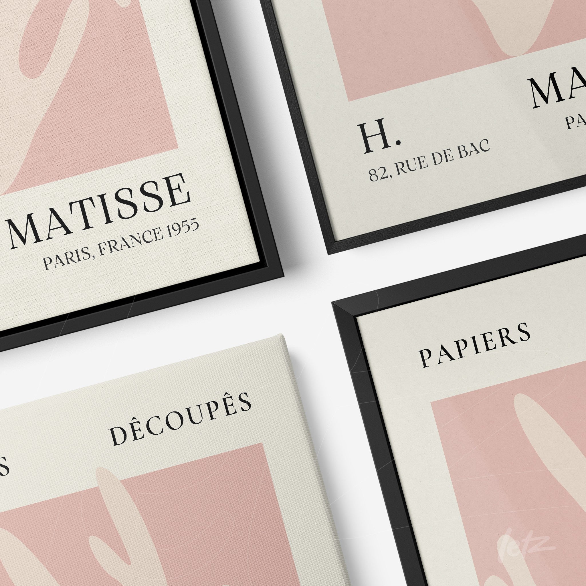 composição de quadros com arte de Matisse em molduras preta e natural, apresentando elementos florais em tons pastel