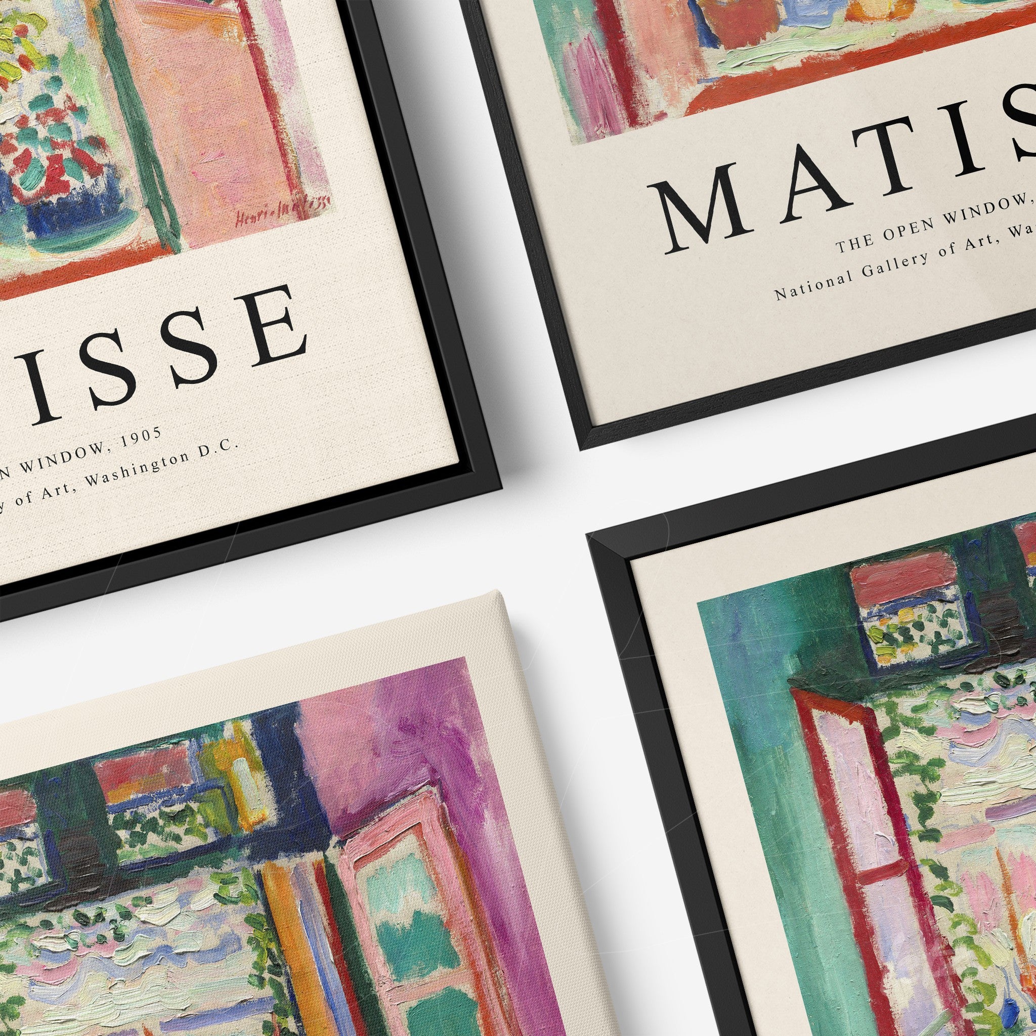 composição de quadros com arte de Matisse, destacando janelas abertas em molduras preta e natural