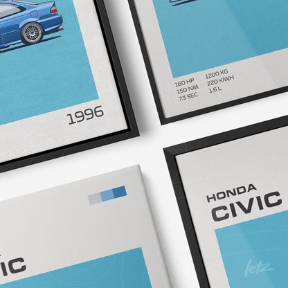 quadro com arte digital de carro Honda Civic 1996 em moldura preta e moldura branca