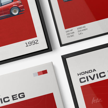 composição de quadros com arte digital de carros clássicos, molduras pretas, fundo vermelho e detalhes técnicos sobre o Honda Civic EG de 1992