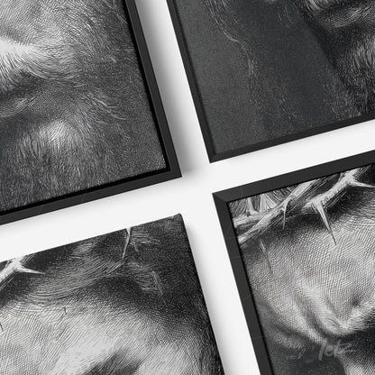 composição de quadros com detalhes em preto e branco de uma figura com coroa de espinhos em moldura preta