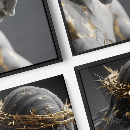 composição de quadros com esculturas em detalhe, molduras pretas e fundo cinza suave