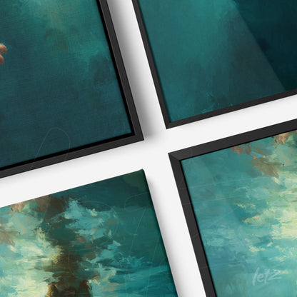 composição de quadros em moldura preta com pinturas abstratas em tons de azul e verde