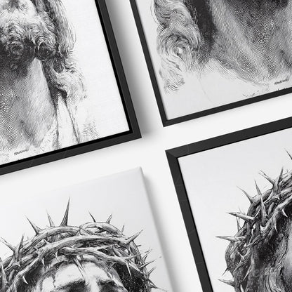 composição de quadros em moldura preta com desenhos em preto e branco de rostos expressivos