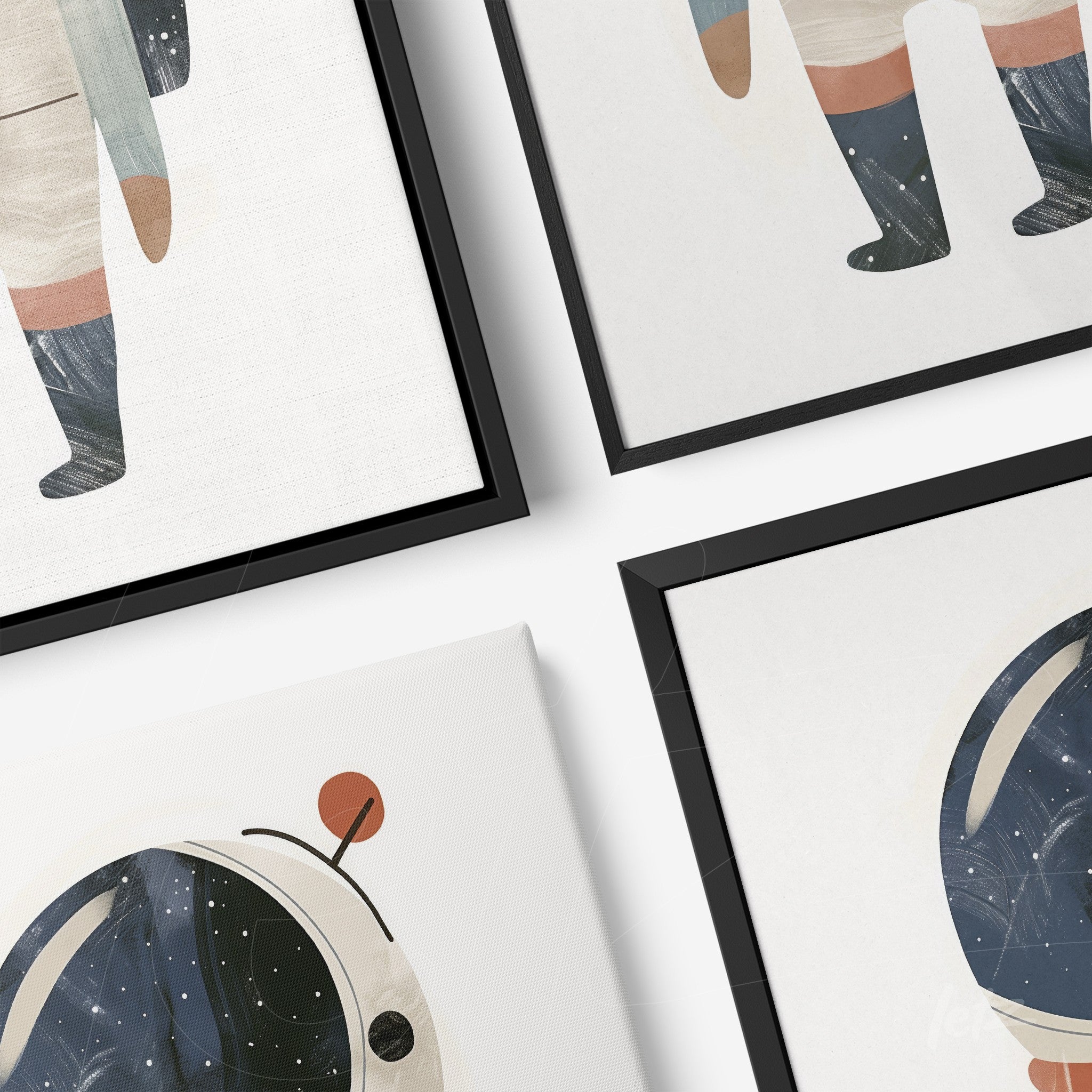 composição de quadros com arte de astronautas em estilo minimalista, exibindo formas geométricas em fundo claro