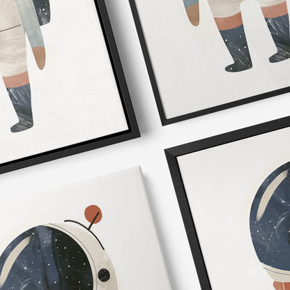 composição de quadros com arte de astronautas em estilo minimalista, exibindo formas geométricas em fundo claro