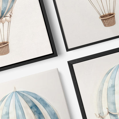composição de quadros com ilustrações aquareladas de balões de ar quente em molduras pretas