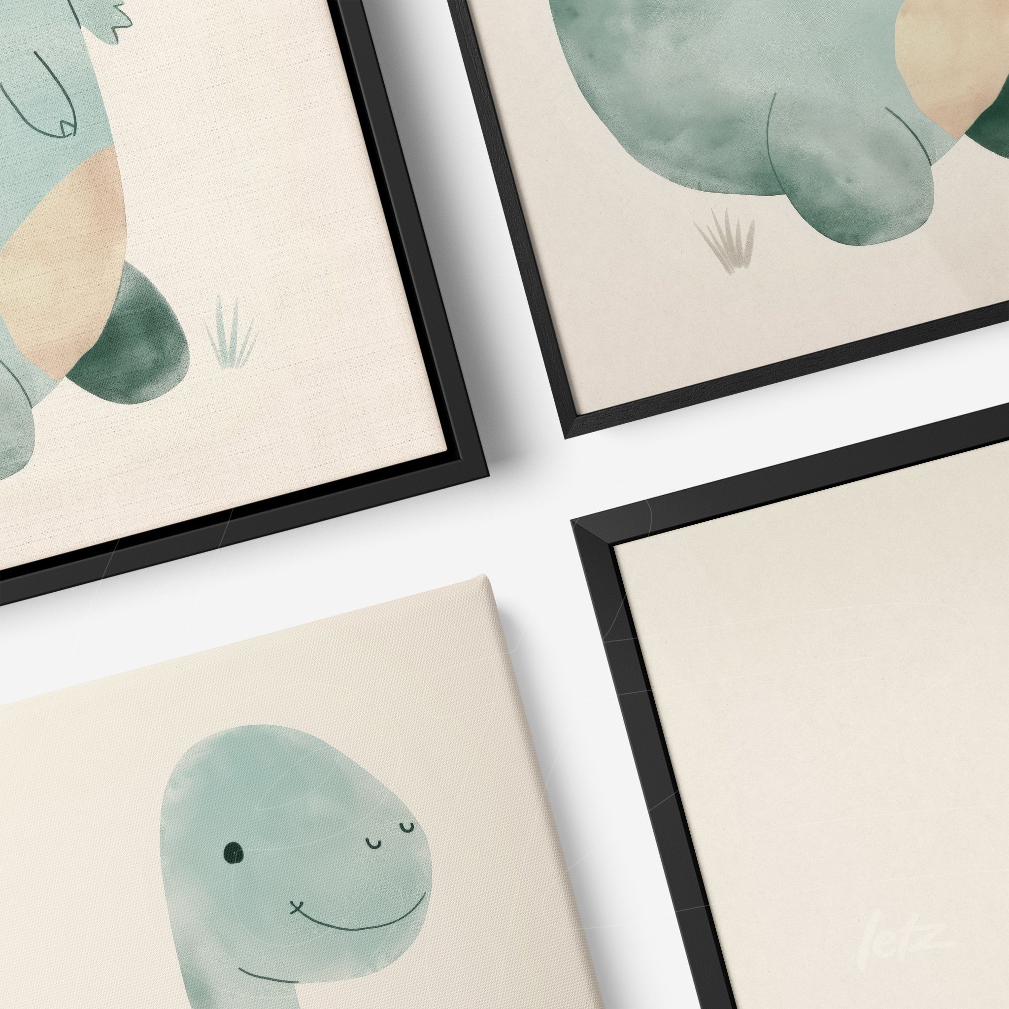 composição de quadros com ilustrações de dinossauros em tons suaves com moldura preta