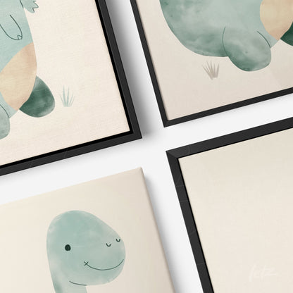 composição de quadros com ilustrações de dinossauros em tons suaves com moldura preta