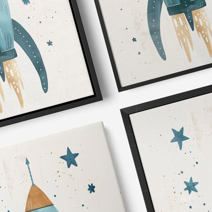 composição com quadros em moldura preta com ilustrações de foguetes e estrelas em fundo claro