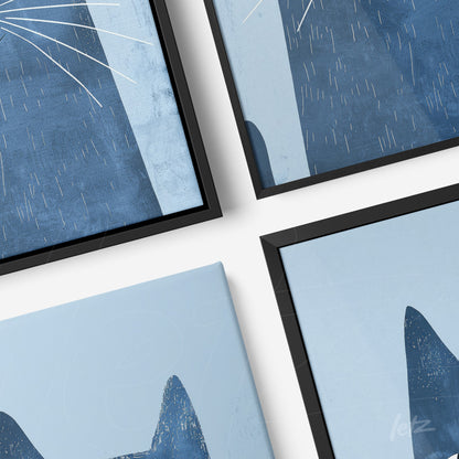 composição de quadros com arte abstrata de gato em tons de azul, com molduras pretas