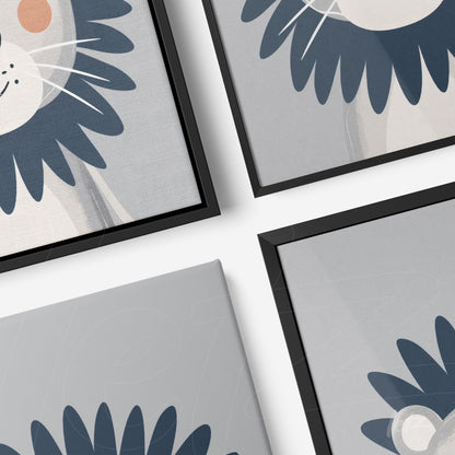 série de quadros com ilustrações de leões minimalistas em molduras pretas sobre fundo claro