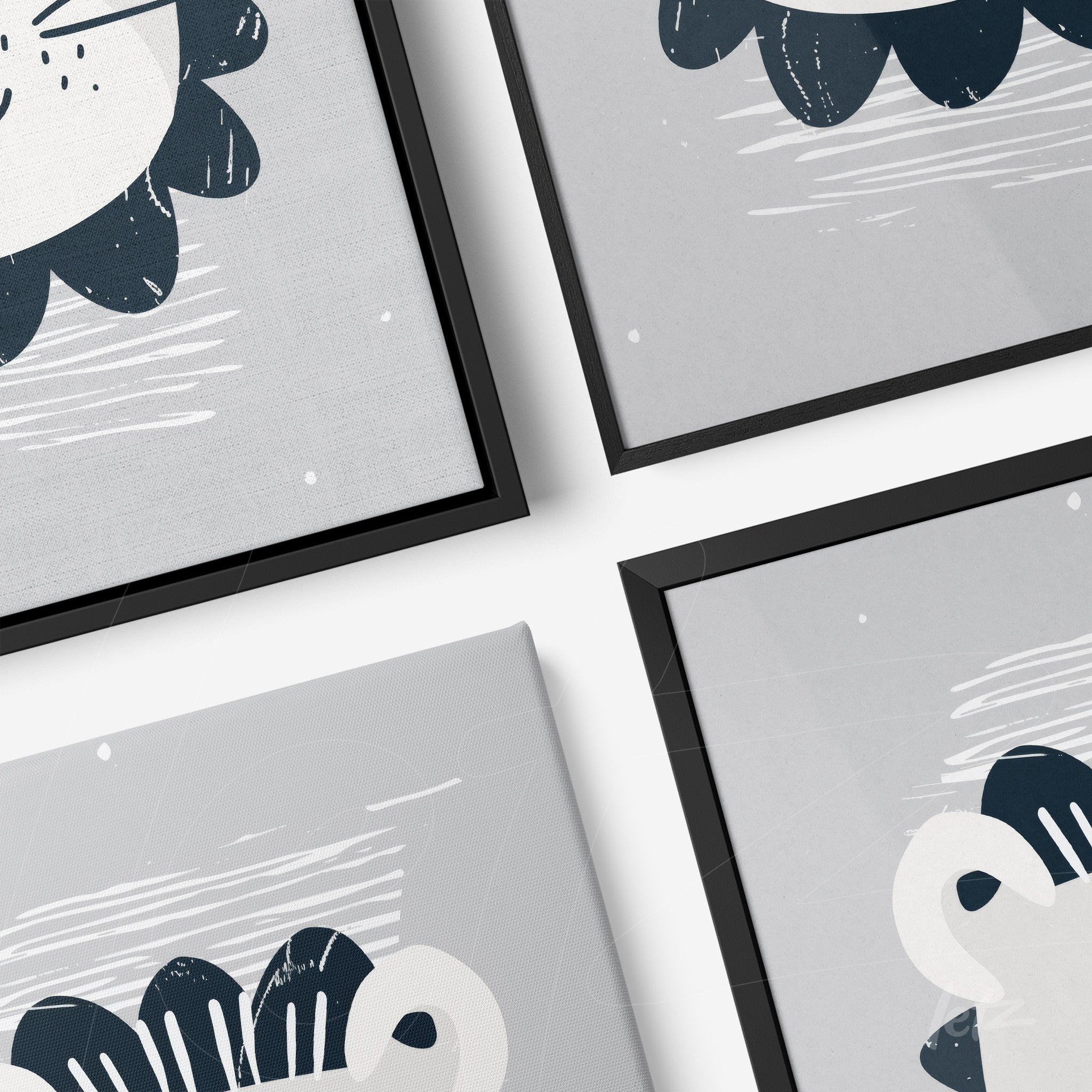 composição de quadros com ilustrações de leão e flor em estilo moderno, molduras pretas