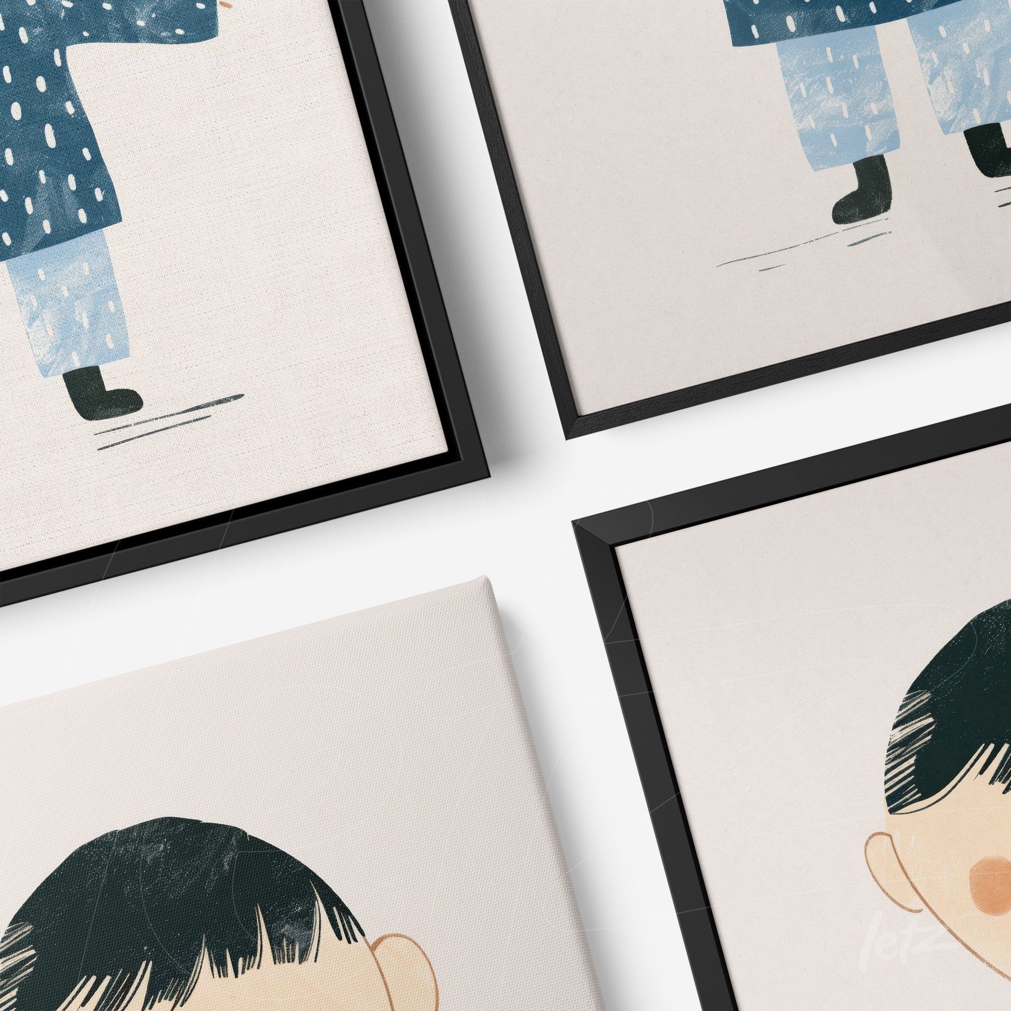 composição de quadros com ilustrações infantis, incluindo uma figura com roupas de chuva e um retrato de criança em molduras pretas