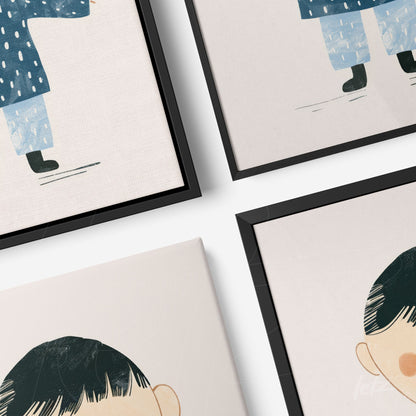 composição de quadros com ilustrações infantis, incluindo uma figura com roupas de chuva e um retrato de criança em molduras pretas