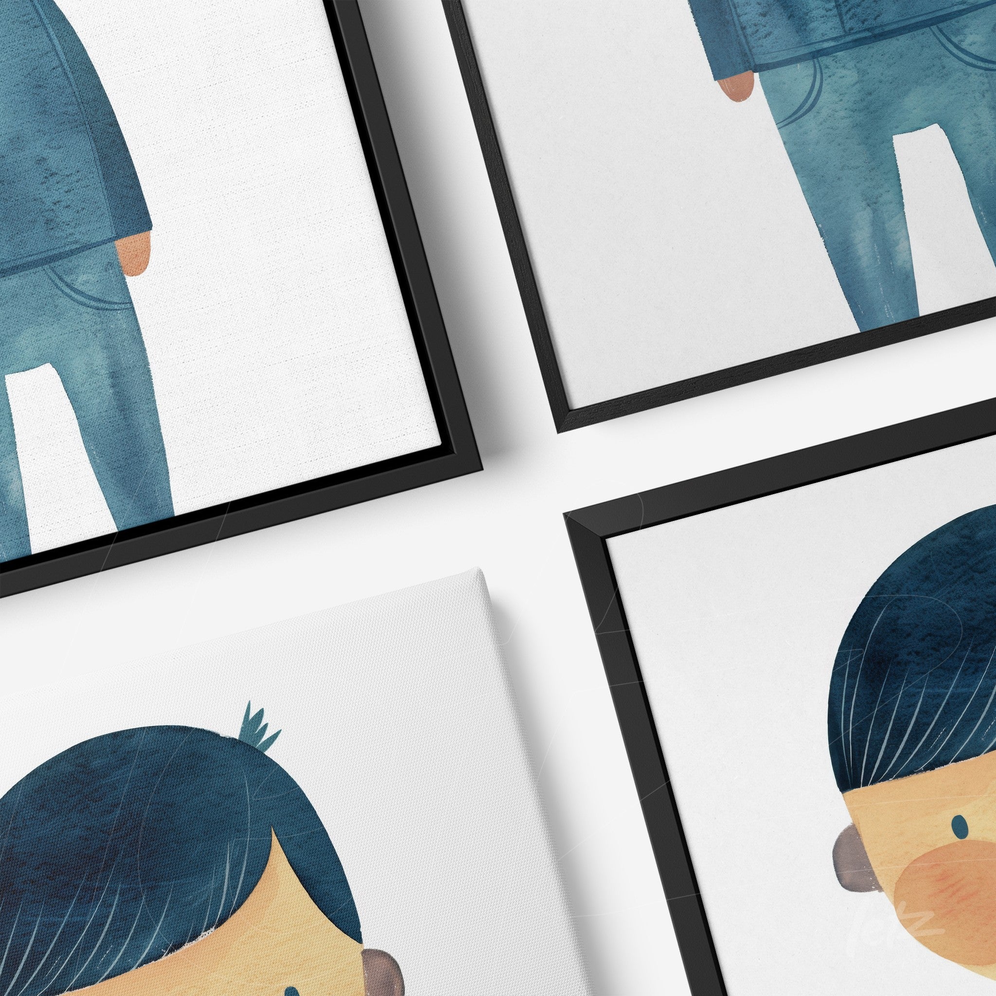 composição de quadros com ilustrações de personagens em estilo infantil, molduras pretas, fundo claro e roupas em tons de azul
