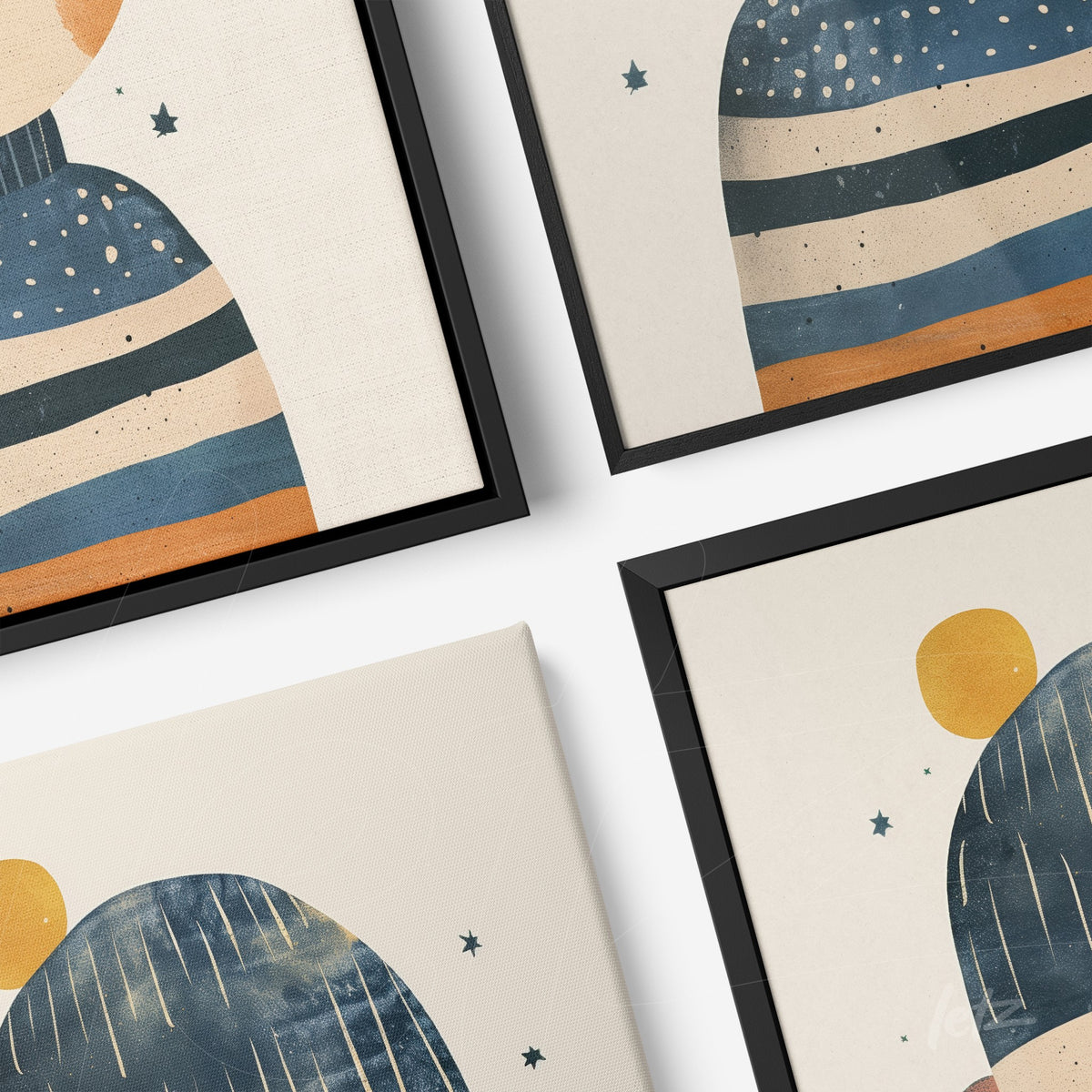 composição com quadros em moldura preta exibindo ilustrações de formas abstratas e figuras humanas, em fundo claro com detalhes em azul, laranja e amarelo