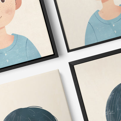 coleção de quadros com ilustrações de rostos infantis em estilos minimalistas, molduras pretas finas sobre fundo branco