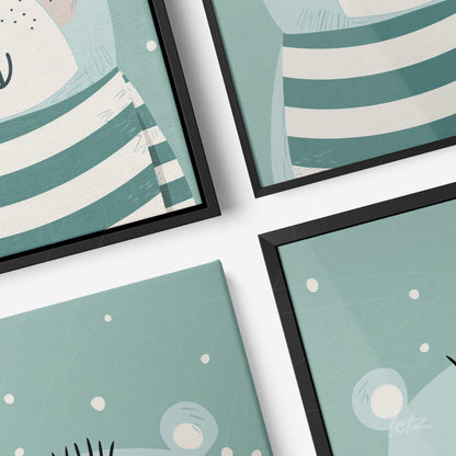 coleção de quadros decorativos com ilustrações de animais em estilo minimalista, molduras pretas e fundo azul claro