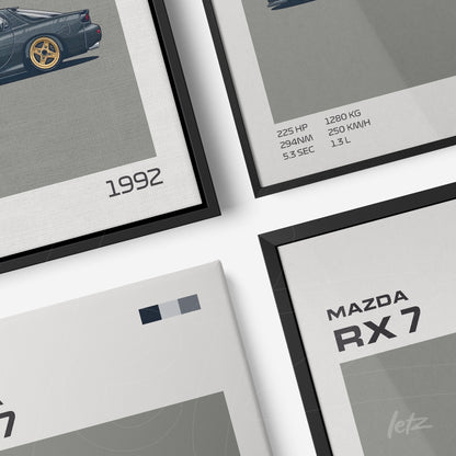 composição de quadros com ilustrações estilizadas do carro Mazda RX-7, com moldura preta e prata