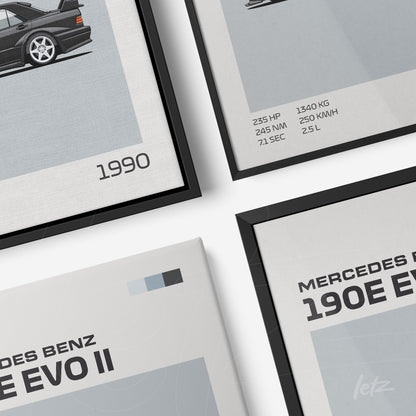 composição de quadros com ilustrações do carro Mercedes-Benz 190E Evo II em molduras pretas e brancas, com detalhes técnicos em fundo claro