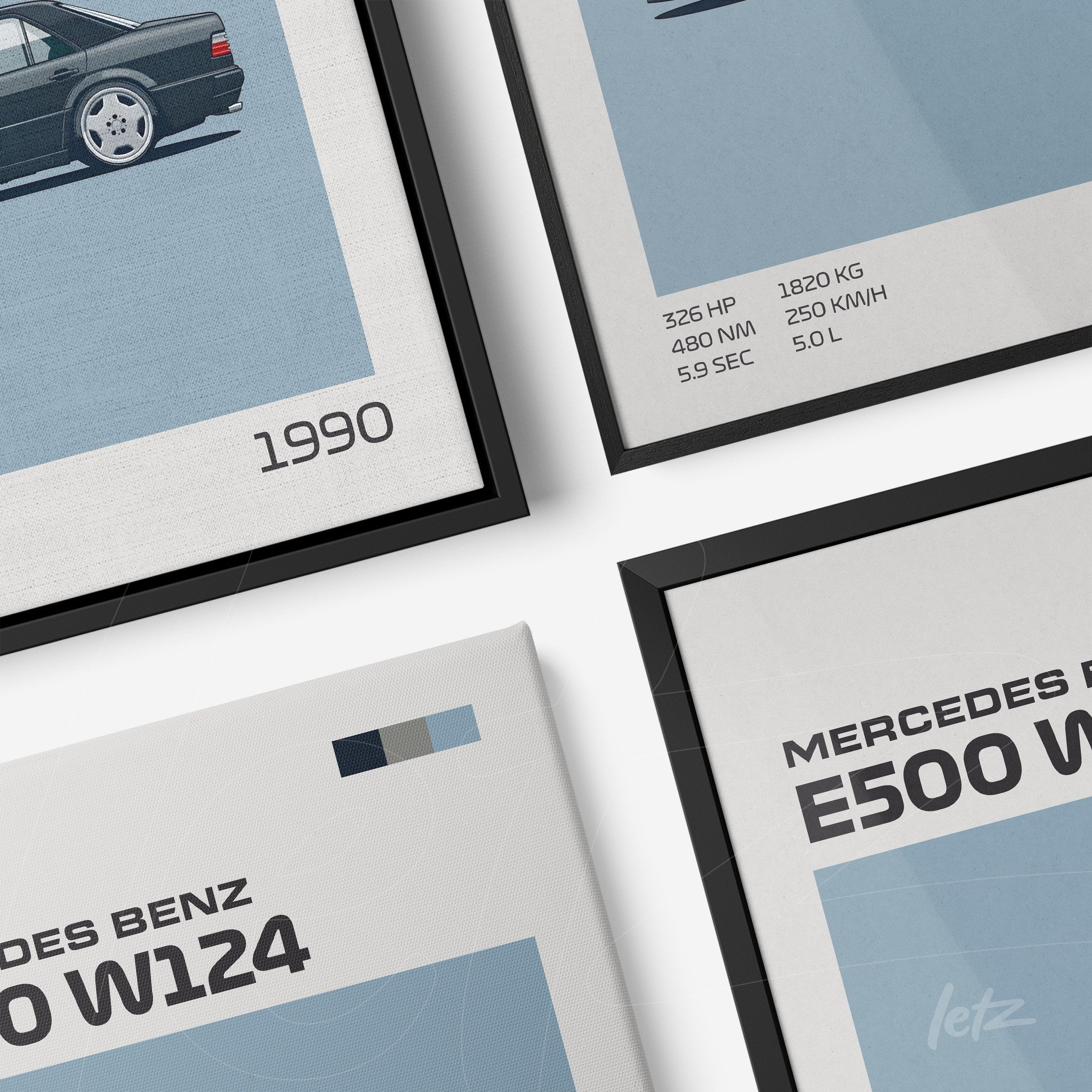 composição com quadros estilizados de carros Mercedes-Benz com fundo azul, molduras pretas e detalhes gráficos em tons neutros