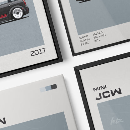 arte digital em moldura preta apresentando detalhes de um carro Mini JCW 2017 com informações técnicas