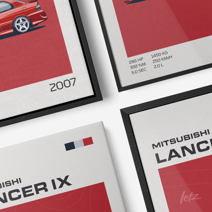 série de quadros decorativos com ilustrações do Mitsubishi Lancer IX, destacando detalhes como potência e ano, em molduras pretas e brancas