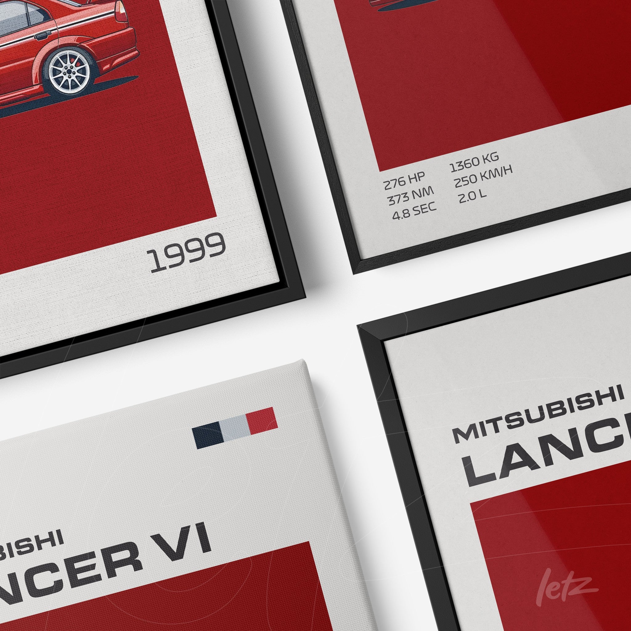 série de quadros com ilustrações de carros clássicos, destacando o Mitsubishi Lancer VI em molduras pretas e naturais com fundo vermelho