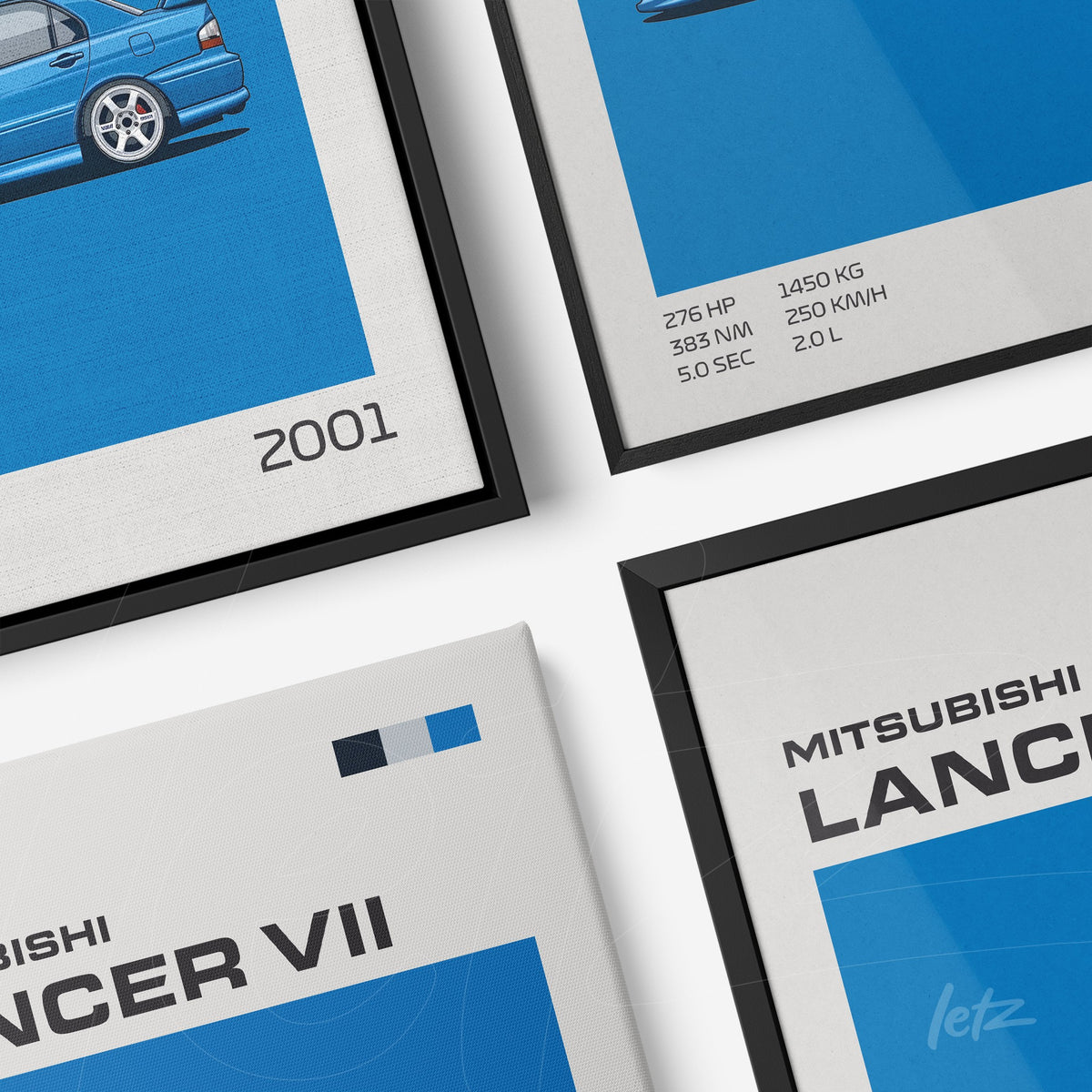 composição de quadros com arte gráfica do Mitsubishi Lancer VII em estilo minimalista com fundo azul