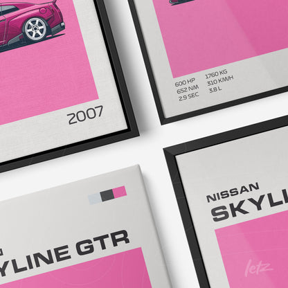 composição com quadros de arte digital do carro Nissan Skyline GTR em estilo minimalista com fundo rosa e molduras pretas