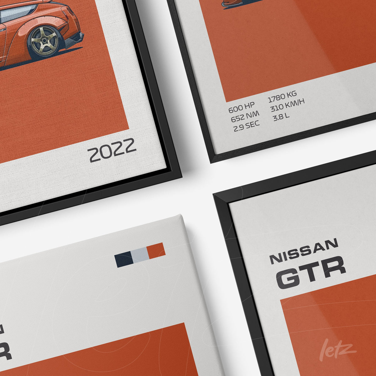 composição de quadros com ilustrações de carros esportivos em molduras pretas e finas sobre fundo laranja