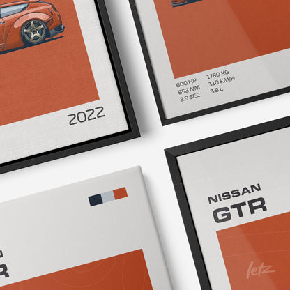 composição de quadros com ilustrações de carros esportivos em molduras pretas e finas sobre fundo laranja