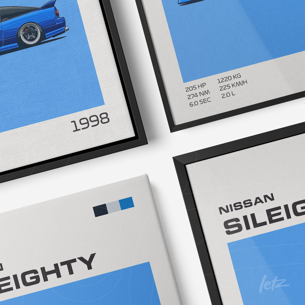 composição de quadros com ilustração digital do carro Nissan SilEighty em fundo azul, moldura preta e canvas