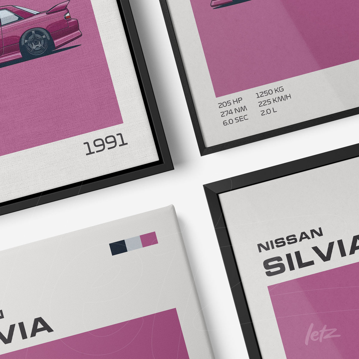 quadro com arte automotiva do Nissan Silvia 1991 em fundo rosa, moldura preta e branca
