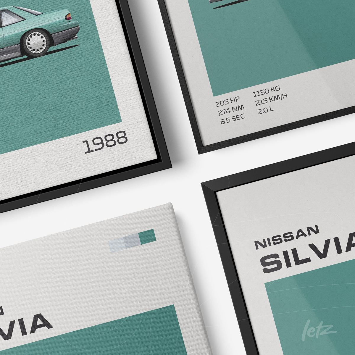 série de quadros decorativos com ilustrações minimalistas de carros clássicos, incluindo detalhes técnicos em fundo verde e molduras pretas