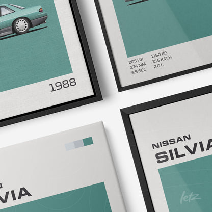 série de quadros decorativos com ilustrações minimalistas de carros clássicos, incluindo detalhes técnicos em fundo verde e molduras pretas