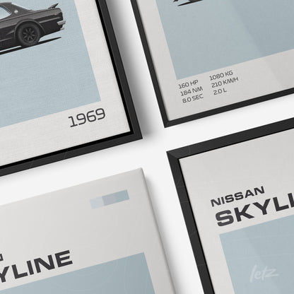 composição de quadros com arte minimalista do carro Nissan Skyline de 1969 em molduras pretas finas, apresenta detalhes técnicos sobre potência e peso