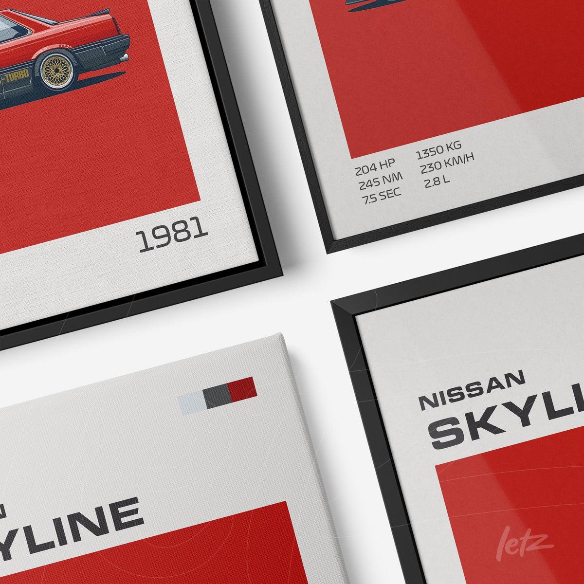 composição com quadros de arte digital do carro Nissan Skyline de 1981 em molduras modernas nas cores preta e branca