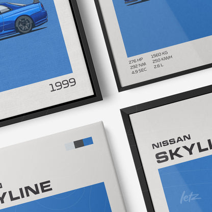 composição de quadros decorativos com ilustrações do carro Nissan Skyline de 1999 em molduras pretas e brancas