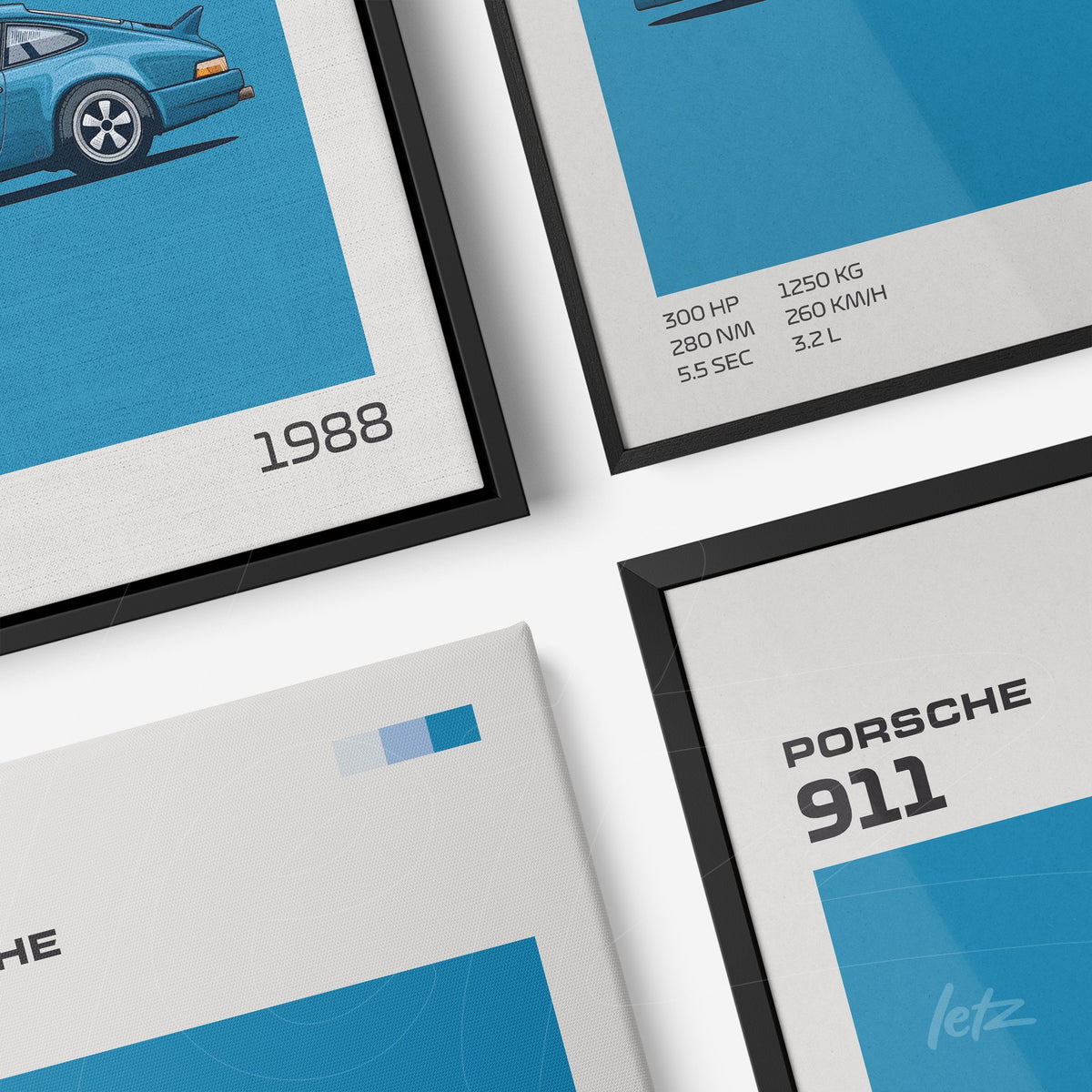 composição de quadros com ilustrações de carros esportivos, destacando o Porsche 911 de 1988, em molduras pretas e brancas