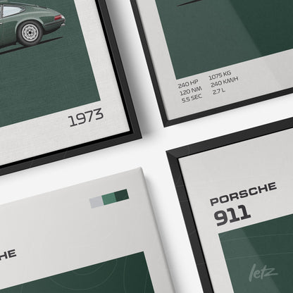 composição com quadros em moldura preta retratando carro Porsche 911 de 1973 em fundo verde