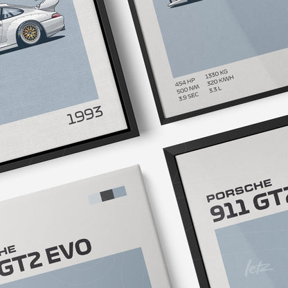 composição de quadros com arte gráfica de carros esportivos, incluindo Porsche 911 GT2 Evo e GT2, apresentando uma paleta de cores em azul e cinza