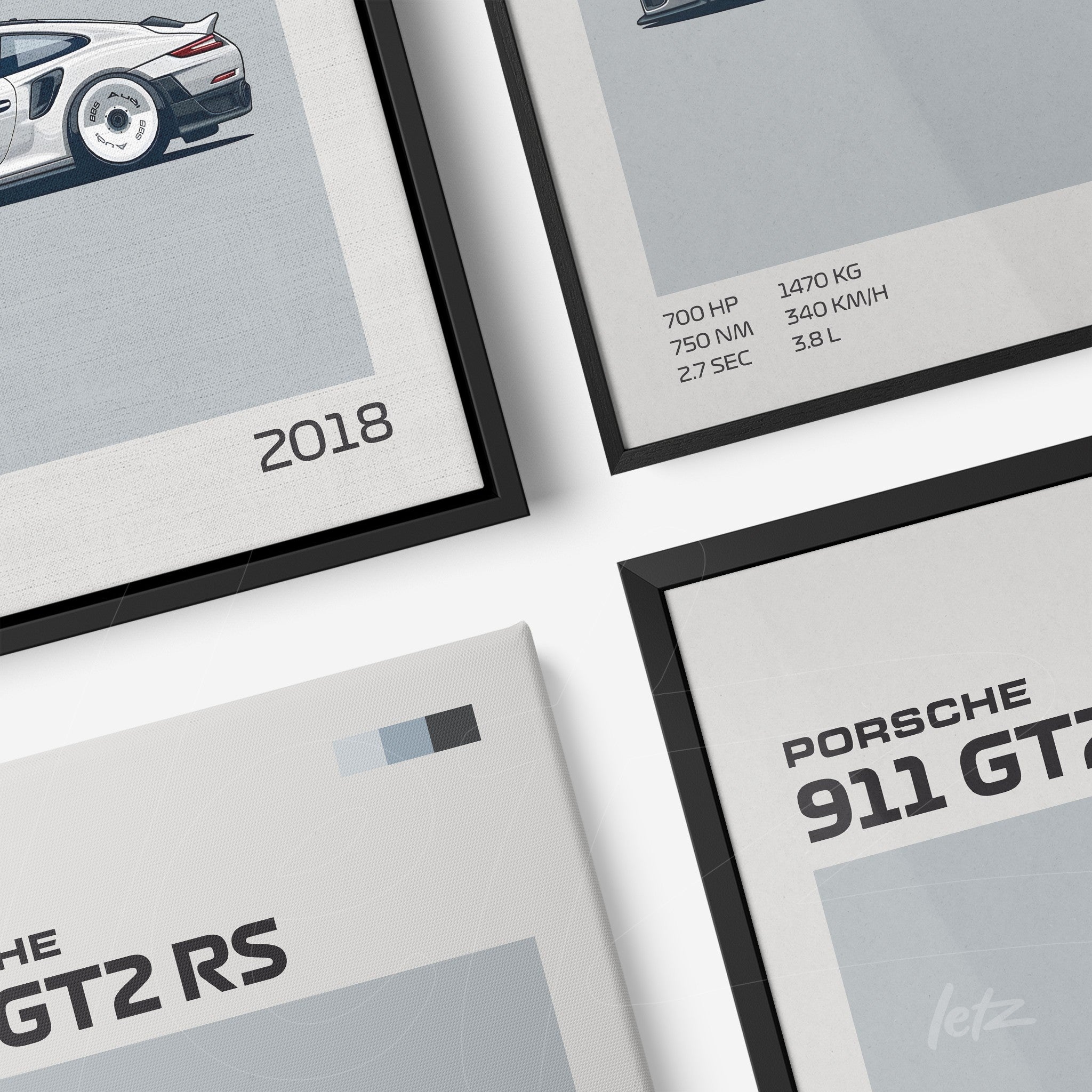 composição de quatro quadros com ilustrações de carros esportivos em molduras preta e cinza, destacando um Porsche 911 GT2 RS e outro modelo com detalhes técnicos como potência, peso e velocidade