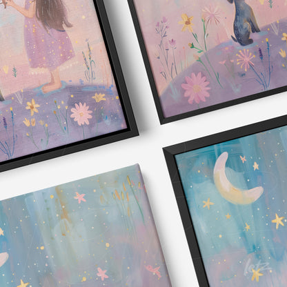 composição de quadros com ilustrações de garotas em um cenário encantado, molduras pretas finas e fundo azul suave com estrelas